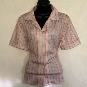 A-119‎ Nikki Vintage Pink Stripe Short Sleeve Button Down Blouse Size 15/16